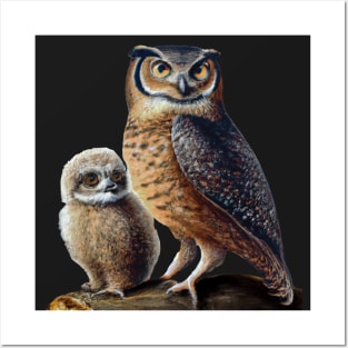 Mother Horned Owl and Owlet Posters and Art